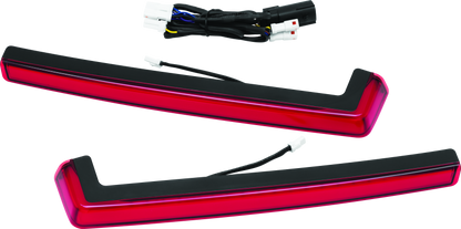 Kuryakyn Tracer Tour Pak side lights with red lenses on Harley Davidson touring motorcycle for added visibility and style