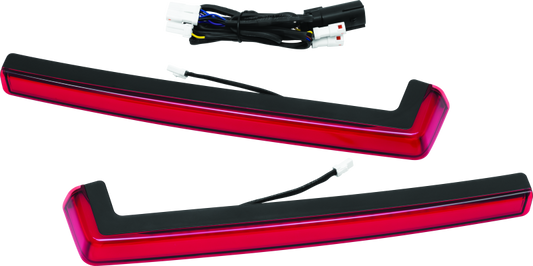 Kuryakyn Tracer Tour Pak side lights with red lenses on Harley Davidson touring motorcycle for added visibility and style