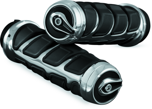 Chrome Kuryakyn Kinetic grips for powersports vehicles, featuring textured design and ergonomic shape for comfortable handling.