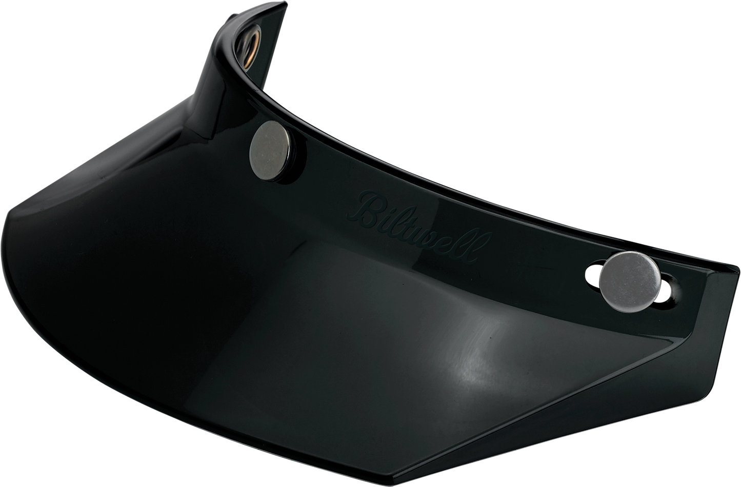 Black BILTWELL Moto 3-Snap visor for helmets, designed for motorcycle helmets, featuring a sleek, curved shape with snap attachments.
