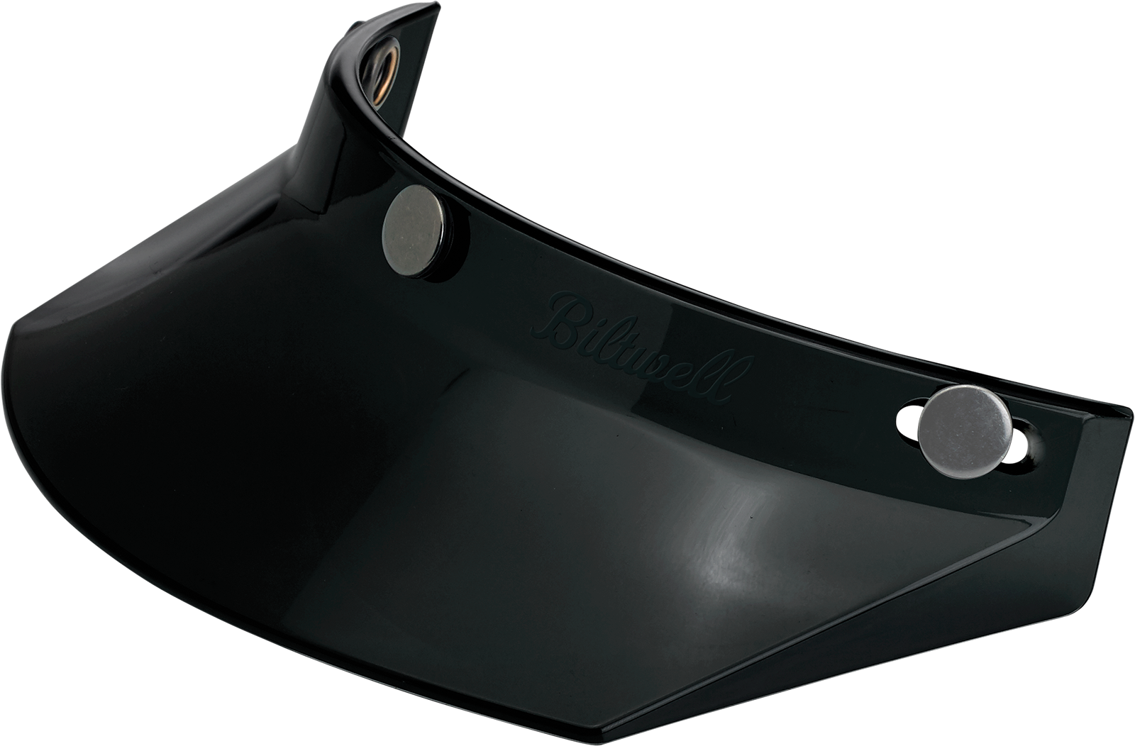 Black BILTWELL Moto 3-Snap visor for helmets, designed for motorcycle helmets, featuring a sleek, curved shape with snap attachments.