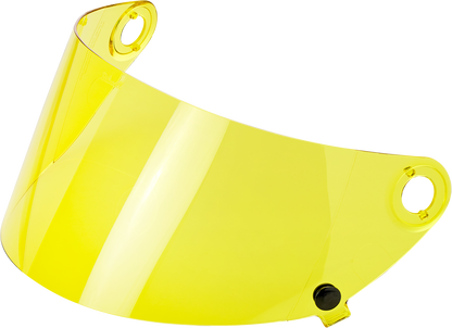 Yellow flat shield for BILTWELL Gringo S Gen 2 helmet, motorcycle helmet parts by Bill's Exhausts, showing a sleek, aerodynamic design