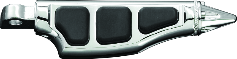 Kuryakyn Stiletto Pegs with male mount in chrome, designed for Harley Davidson and metric motorcycles, shown on motorcycle footrest.
