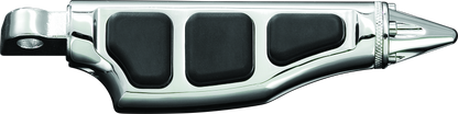 Kuryakyn Stiletto Pegs with male mount in chrome, designed for Harley Davidson and metric motorcycles, shown on motorcycle footrest.