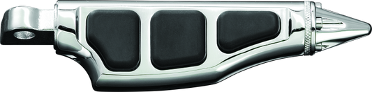 Kuryakyn Stiletto Pegs with male mount in chrome, designed for Harley Davidson and metric motorcycles, shown on motorcycle footrest.
