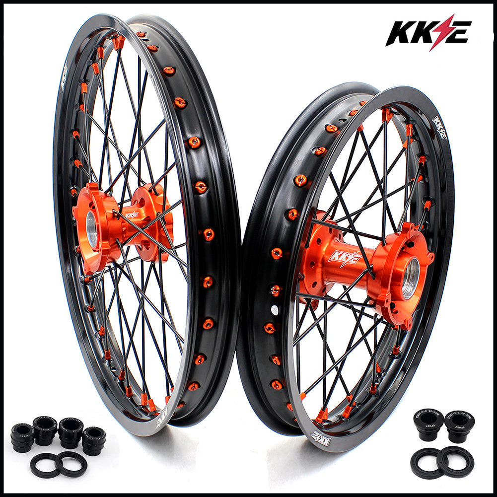 KKE 19"*1.6/16"*1.85 Big Kid's Wheels Rims Set For KTM SX85 2021 2022 2023 2024 Orange Nipples & Black Spokes - Howling Moto