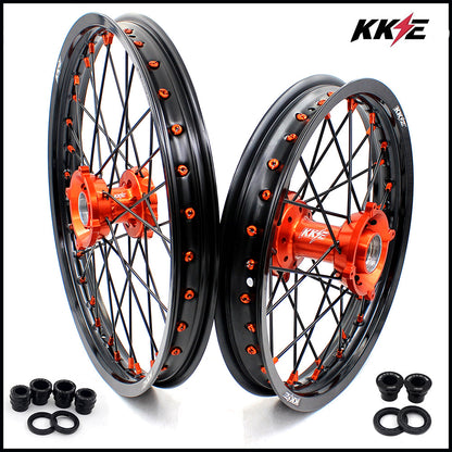KKE 19"*1.6/16"*1.85 Big Kid's Wheels Rims Set For KTM SX85 2021 2022 2023 2024 Orange Nipples & Black Spokes - Howling Moto