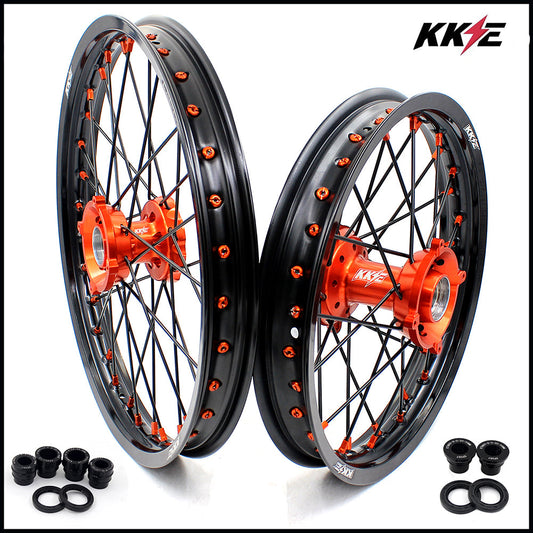 KKE 19"*1.6/16"*1.85 Big Kid's Wheels Rims Set For KTM SX85 2021 2022 2023 2024 Orange Nipples & Black Spokes - Howling Moto