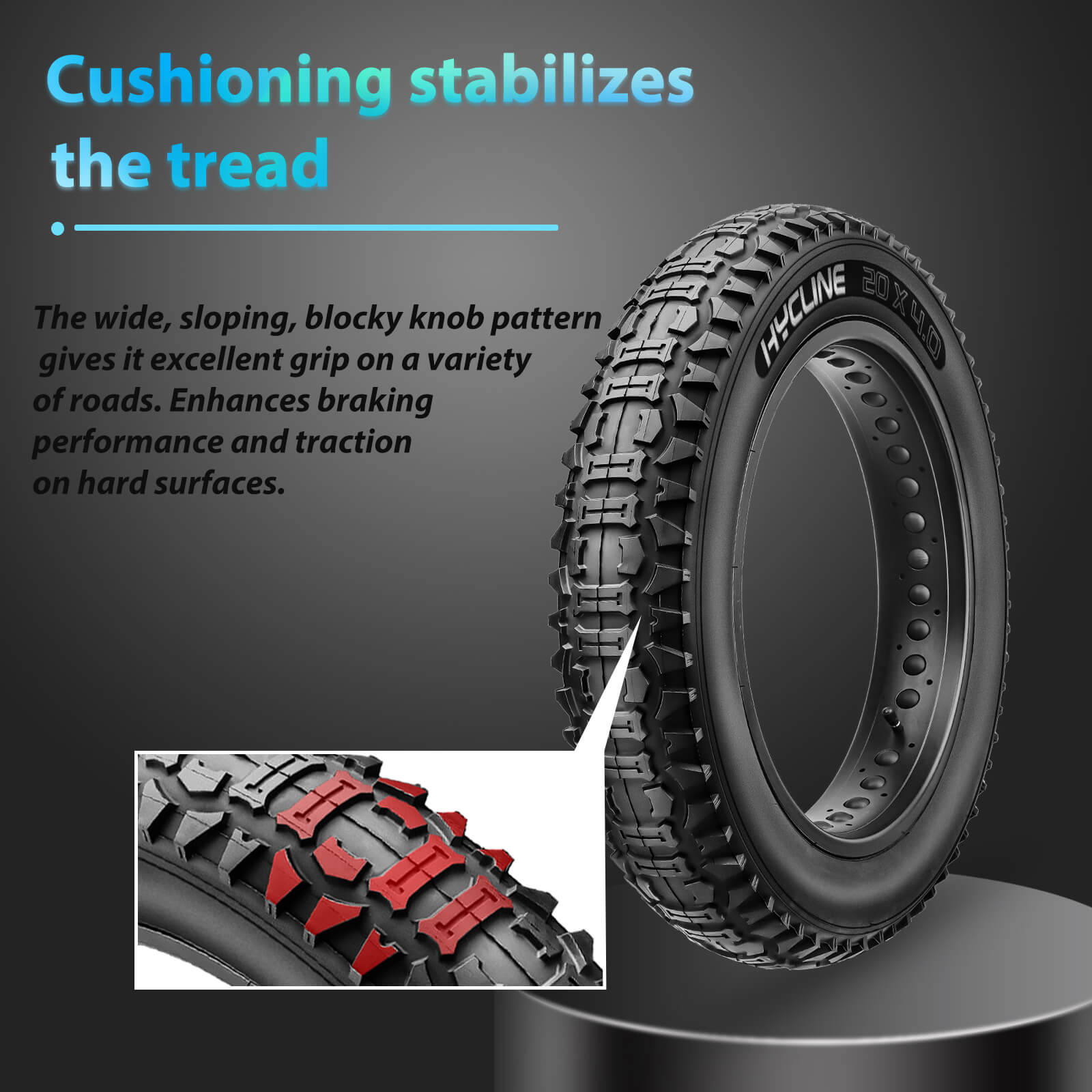 Hycline Bones Fat Bike Tire 20x4.0 for e-bikes and all-terrain fat biking, featuring rugged tread and durable rubber construction.