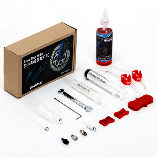 Hycline bicycle hydraulic brake bleeding kit for Shimano and Tektro brakes, including syringes and hoses for bike maintenance.