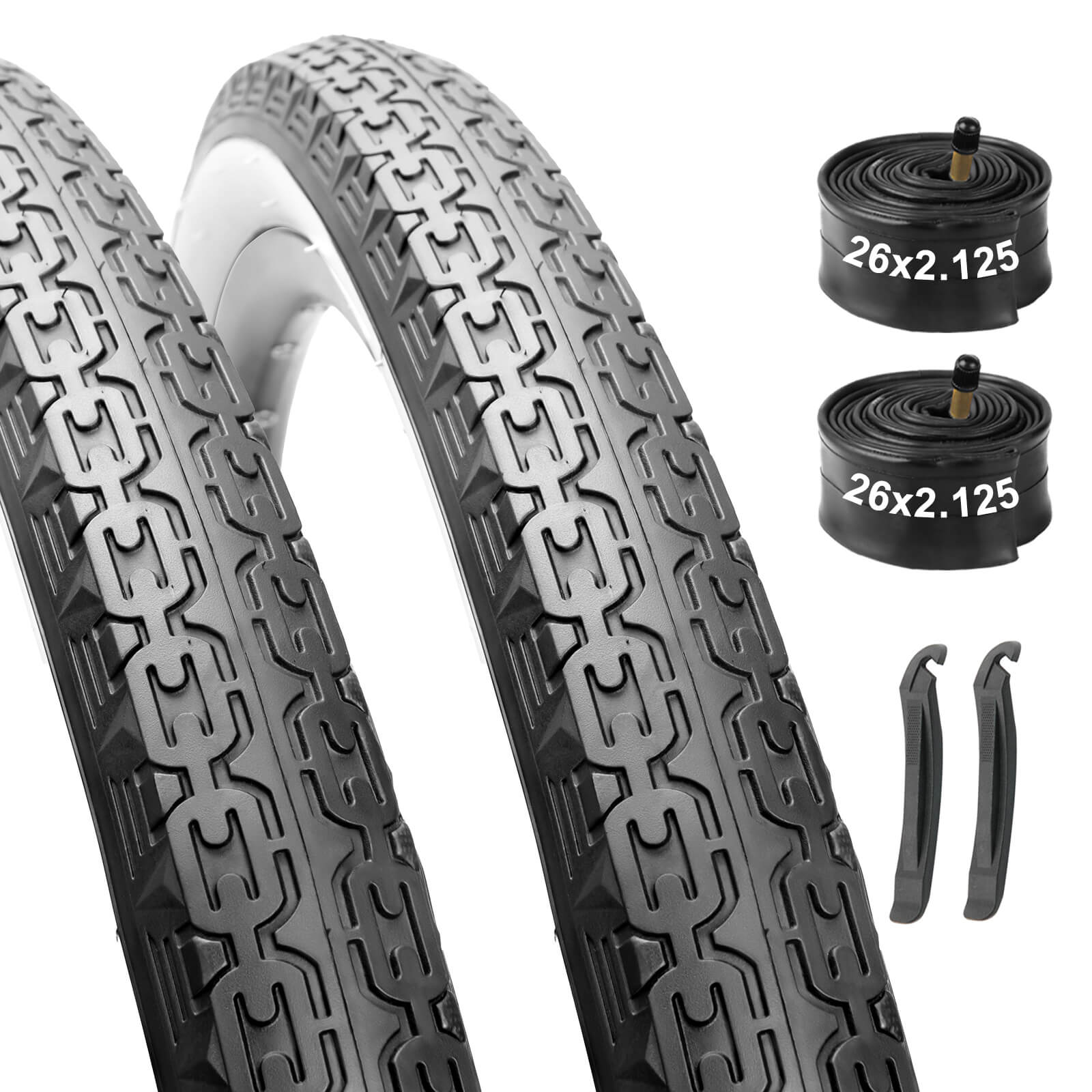 Hycline 26-inch by 2.125-inch bicycle tire from the Chain Cruises series, showing tread pattern and sidewall details.