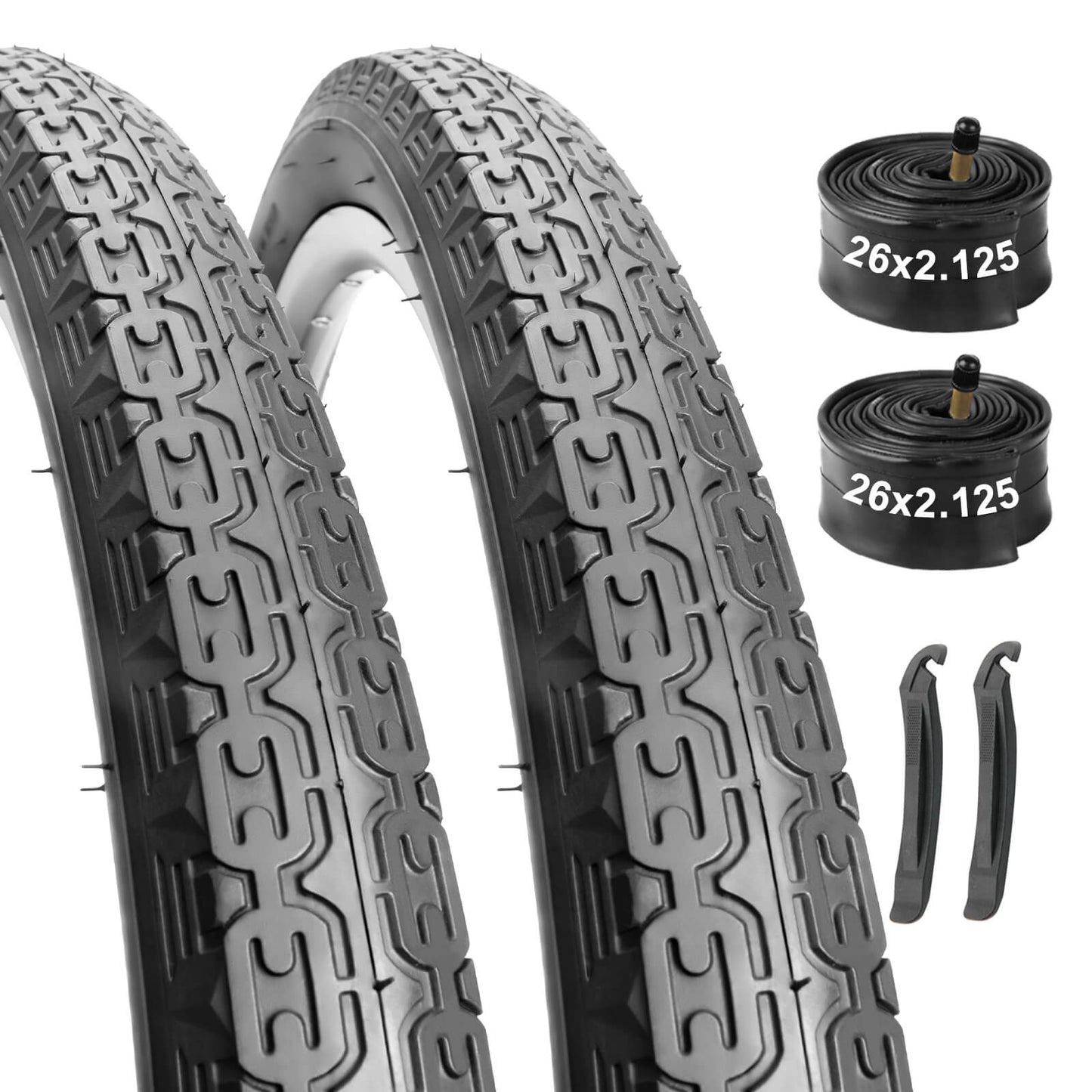 Hycline 26-inch bicycle tire, Chain Cruises model, 2.125-inch width, featuring durable tread and black rubber construction.