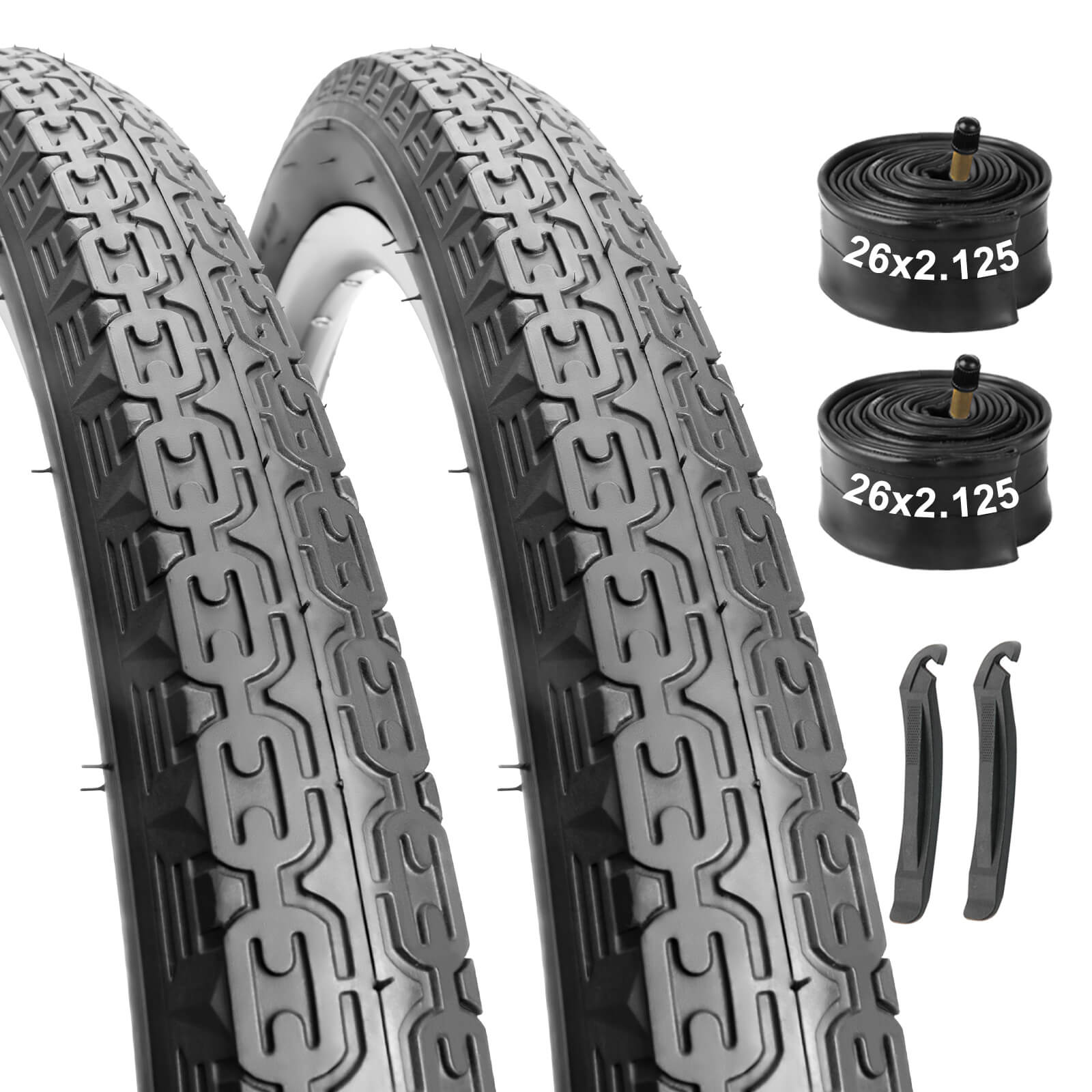 Hycline 26-inch bicycle tire, Chain Cruises model, 2.125-inch width, featuring durable tread and black rubber construction.
