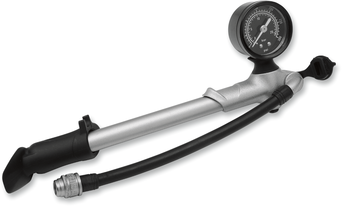 DRAG SPECIALTIES motorcycle air pump with gauge, flexible hose, and removable pressure gauge showing PSI readings.