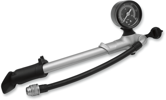 DRAG SPECIALTIES motorcycle air pump with gauge, flexible hose, and removable pressure gauge showing PSI readings.