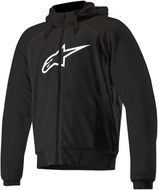 Alpinestars Chrome Sport Hoodie 4XL black with aramid reinforcement, waterproof pocket, and sporty design.