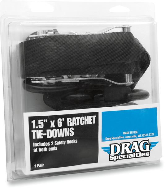 Black nylon ratchet tie-downs with safety hooks, 1.5-inch x 6-foot length, by DRAG SPECIALTIES.