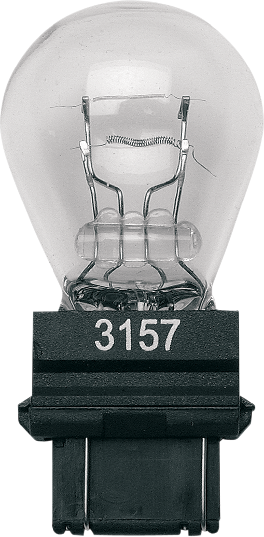 Drag Specialties S8-3157-BC139 white dual-filament wedge bulb for motorcycle lighting, showing the bulb and its base adapter.