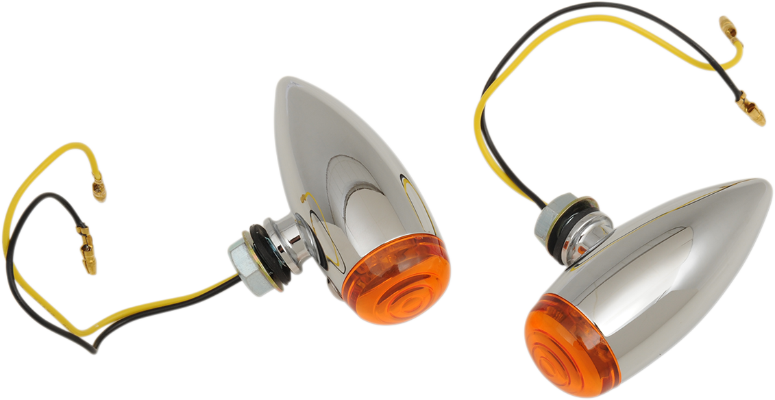 Chrome Bullet Marker Lights with Amber LED Lens from DRAG SPECIALTIES, showcasing the sleek, compact design and amber illumination.
