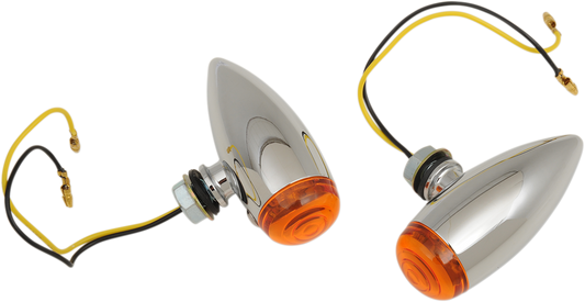 Chrome Bullet Marker Lights with Amber LED Lens from DRAG SPECIALTIES, showcasing the sleek, compact design and amber illumination.