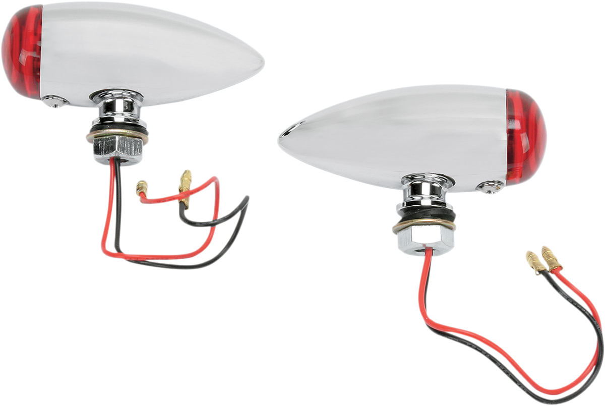 Red LED bullet marker lights with chrome housing from DRAG SPECIALTIES, featuring a red lens for motorcycle or vehicle lighting.