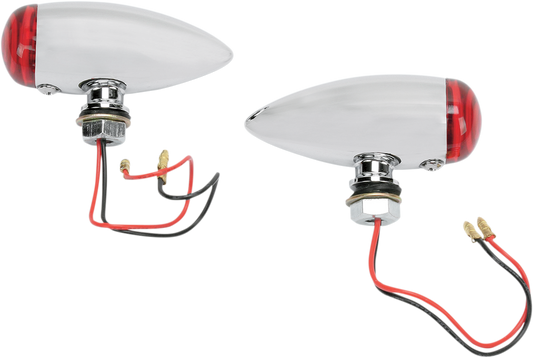 Red LED bullet marker lights with chrome housing from DRAG SPECIALTIES, featuring a red lens for motorcycle or vehicle lighting.