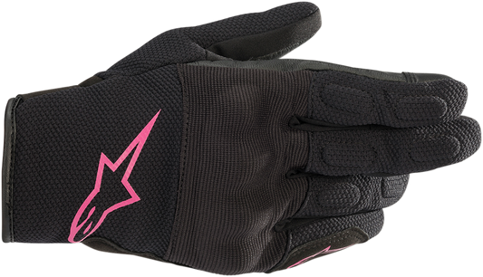 Black and fuchsia Alpinestars Stella S-Max Drystar women's motorcycle gloves in size XL with durable leather and protective features.