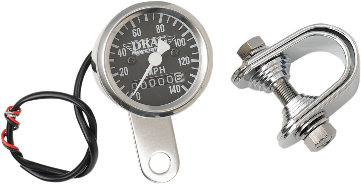 DRAG SPECIALTIES Mini Speedometer with black dial, 21-6961DS-BX15A, featuring 2:1 ratio for motorcycle or vehicle use
