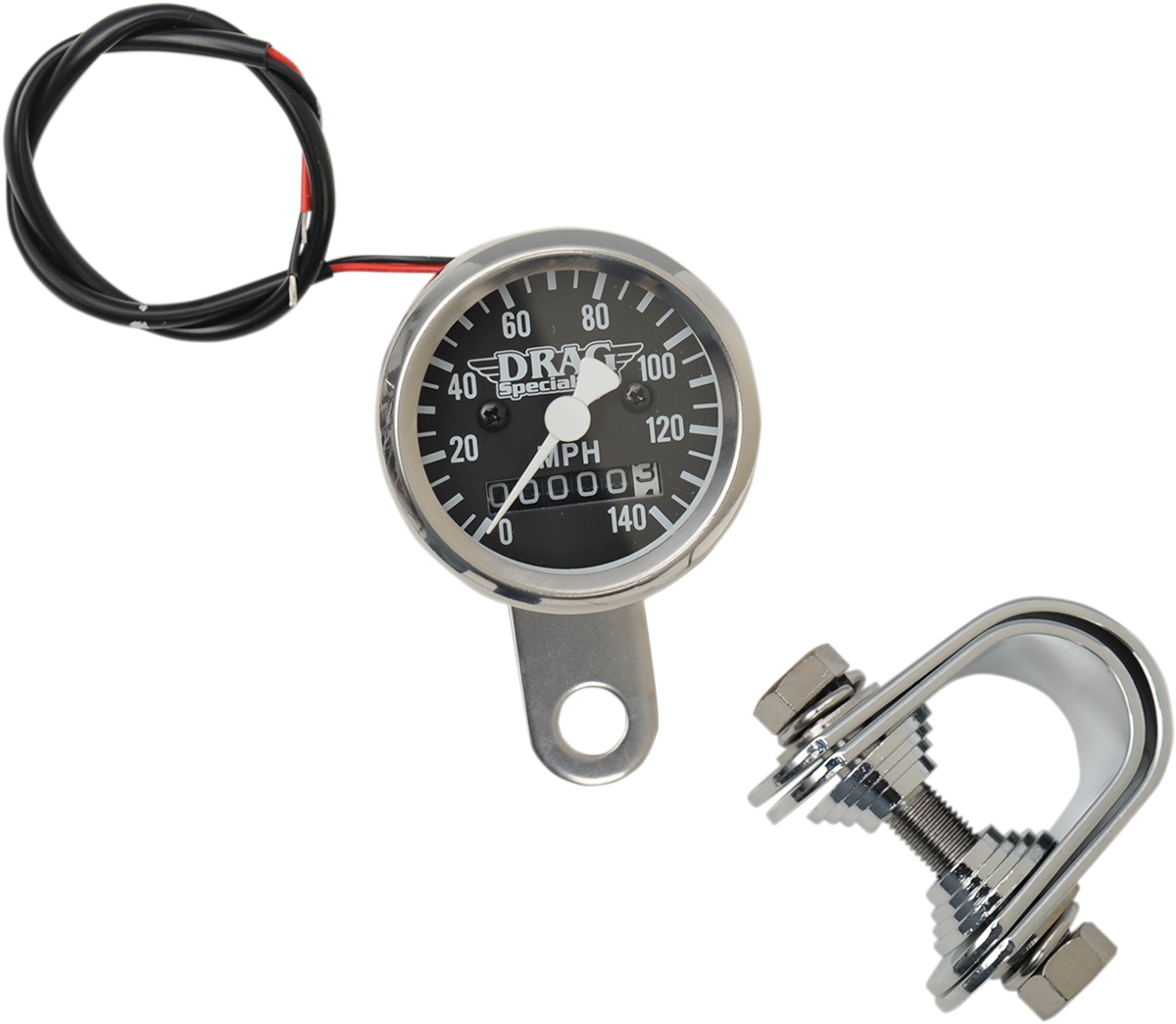 DRAG SPECIALTIES Mini Speedometer in black with 1-7/8 inch diameter, stainless steel housing, 2240:60 ratio for motorcycles.