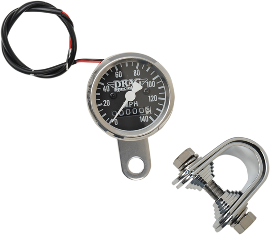 DRAG SPECIALTIES Mini Speedometer in black with 1-7/8 inch diameter, stainless steel housing, 2240:60 ratio for motorcycles.