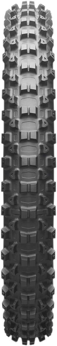 Bridgestone Battlecross E50 front off-road motorcycle tire, 90/90-21 size, rugged tread pattern for motocross riding.