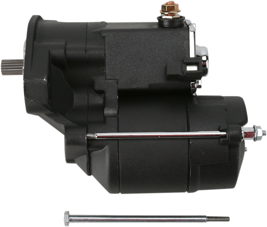 Black 1.4 kW starter by Drag Specialties for Harley-Davidson Big Twin 1990-2006 motorcycle engine part.