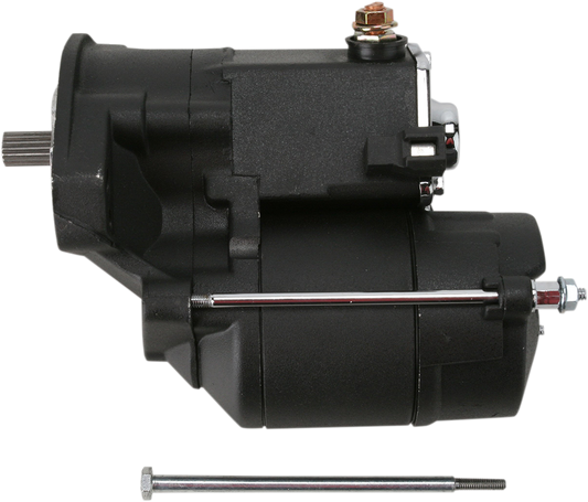 Black 1.4 kW starter by Drag Specialties for Harley-Davidson Big Twin 1990-2006 motorcycle engine part.