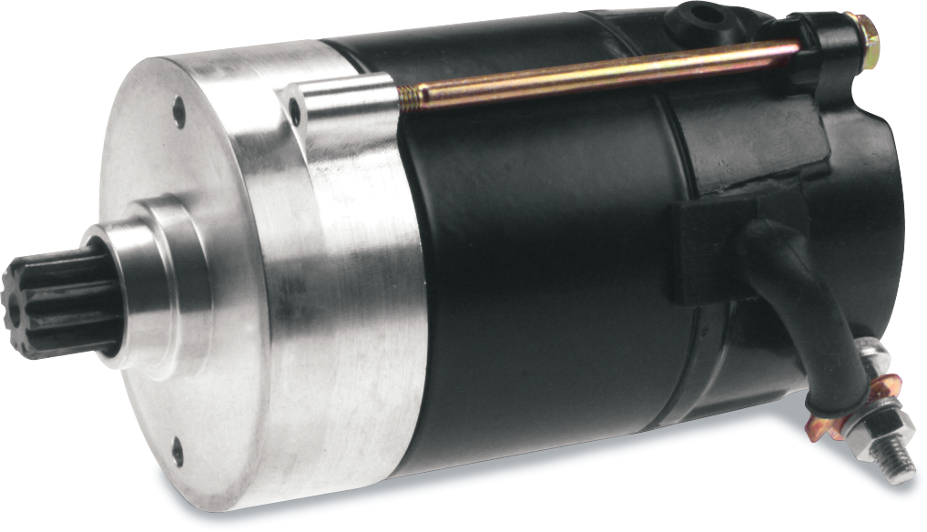 Black Drag Specialties 80-1005 motorcycle starter for 1974-1976 Harley Davidson Big Twin engines, showing the metal and wiring details.