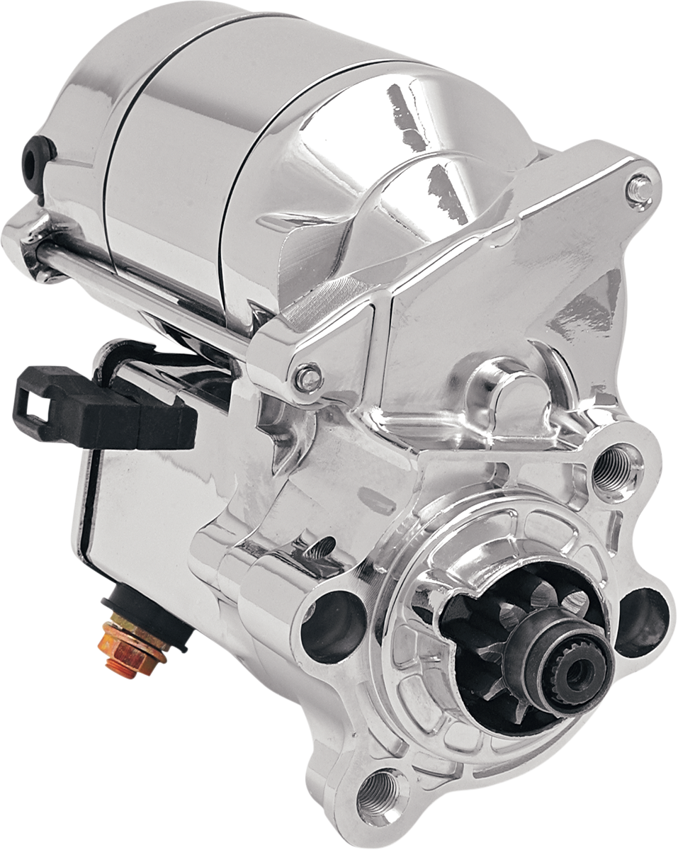 Chrome starter motor for Harley-Davidson XL 1986-2022, by Drag Specialties, with 1.4 kW power for Harley motorcycle engines.