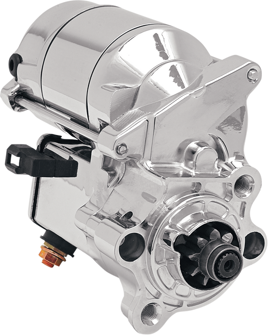 Chrome starter motor for Harley-Davidson XL 1986-2022, by Drag Specialties, with 1.4 kW power for Harley motorcycle engines.