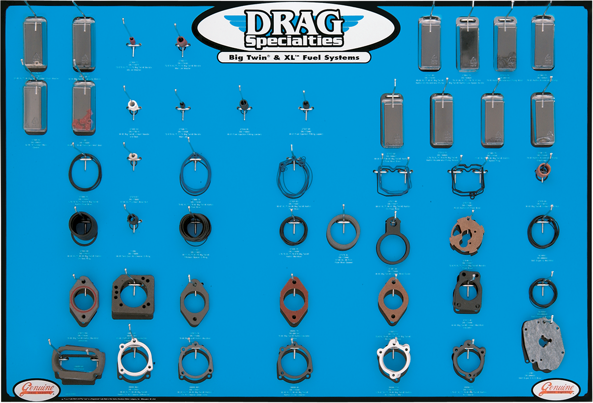 DRAG SPECIALTIES gasket, seal, and O-ring display for '99-'06 Twin-Cam fuel systems, showcasing various replacement parts.