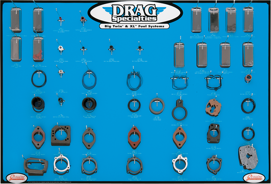 DRAG SPECIALTIES gasket, seal, and O-ring display for '99-'06 Twin-Cam fuel systems, showcasing various replacement parts.