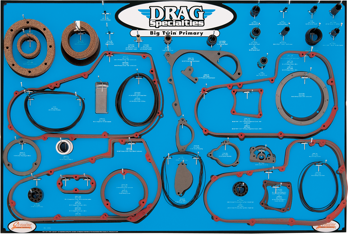 DRAG SPECIALTIES gasket, seal, and O-ring display for '99-'06 Twin-Cam 5-speed primary system, showing various sealing components.