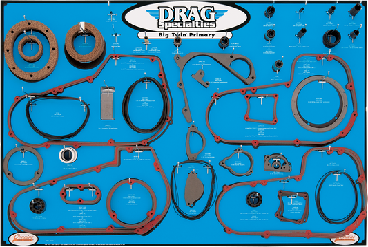 DRAG SPECIALTIES gasket, seal, and O-ring display for '99-'06 Twin-Cam 5-speed primary system, showing various sealing components.