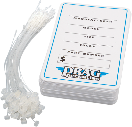 Multicolor DRAG SPECIALTIES hang tags with tagger locks, used for securing and displaying motorcycle parts and accessories.