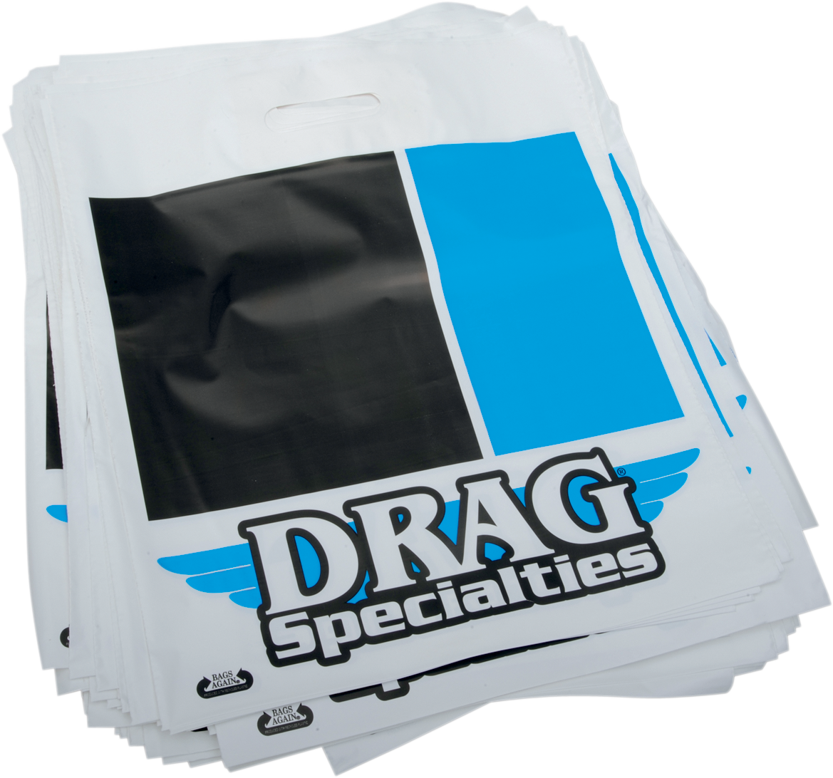 Heavy-duty 2-mil plastic shopping bags by Drag Specialties, pack of 100, durable and versatile for retail or storage use
