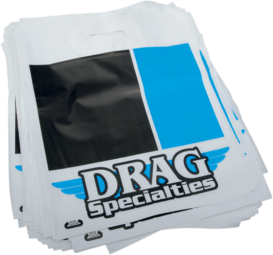 Heavy-duty 2-mil plastic shopping bags by Drag Specialties, pack of 100, durable and versatile for retail or storage use