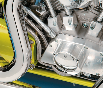 Stainless steel braided oil and fuel hose by Drag Specialties, 3/8 inch diameter, 6 feet long, with reinforced flexible construction.