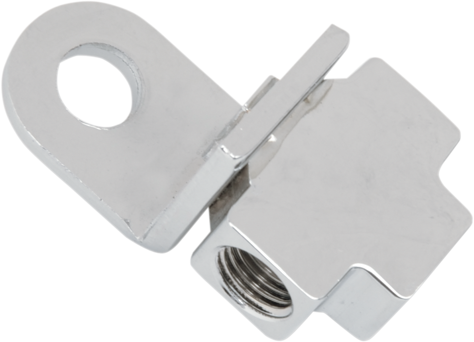 Drag Specialties brake line tee for front brake lines, metal fitting with multiple outlets, used in motorcycle braking systems.