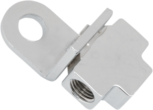 Drag Specialties brake line tee for front brake lines, metal fitting with multiple outlets, used in motorcycle braking systems.