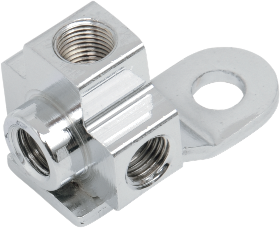 Drag Specialties brake line tee fitting for rear and front brake lines, metal connector for motorcycle brake system.