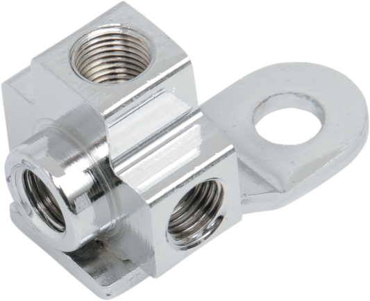 Drag Specialties brake line tee fitting for rear and front brake lines, metal connector for motorcycle brake system.