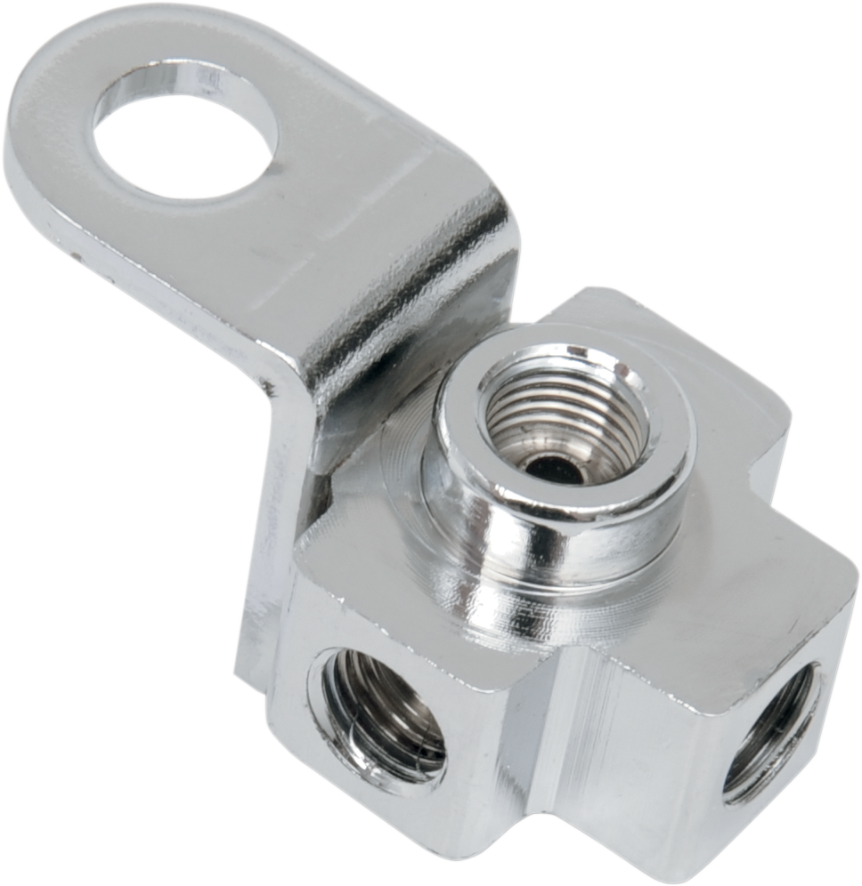 Rear brake line tee by Drag Specialties, part number 71281, showing the metal fitting and connection point for motorcycle brake system.