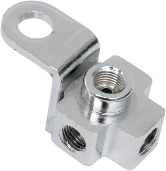 Rear brake line tee by Drag Specialties, part number 71281, showing the metal fitting and connection point for motorcycle brake system.